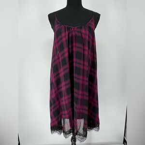 EXPRESS LINED BLACK &‎ RED PLAID SWING DRESS W/EYELASH BLACK HEM LINGERIE STRAPS